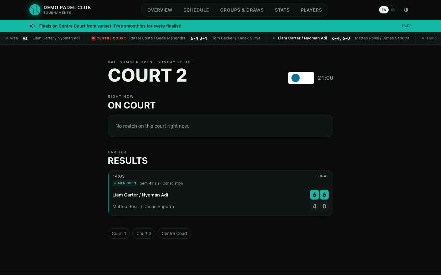 Court 2 page on a laptop: what is on court now and the latest results