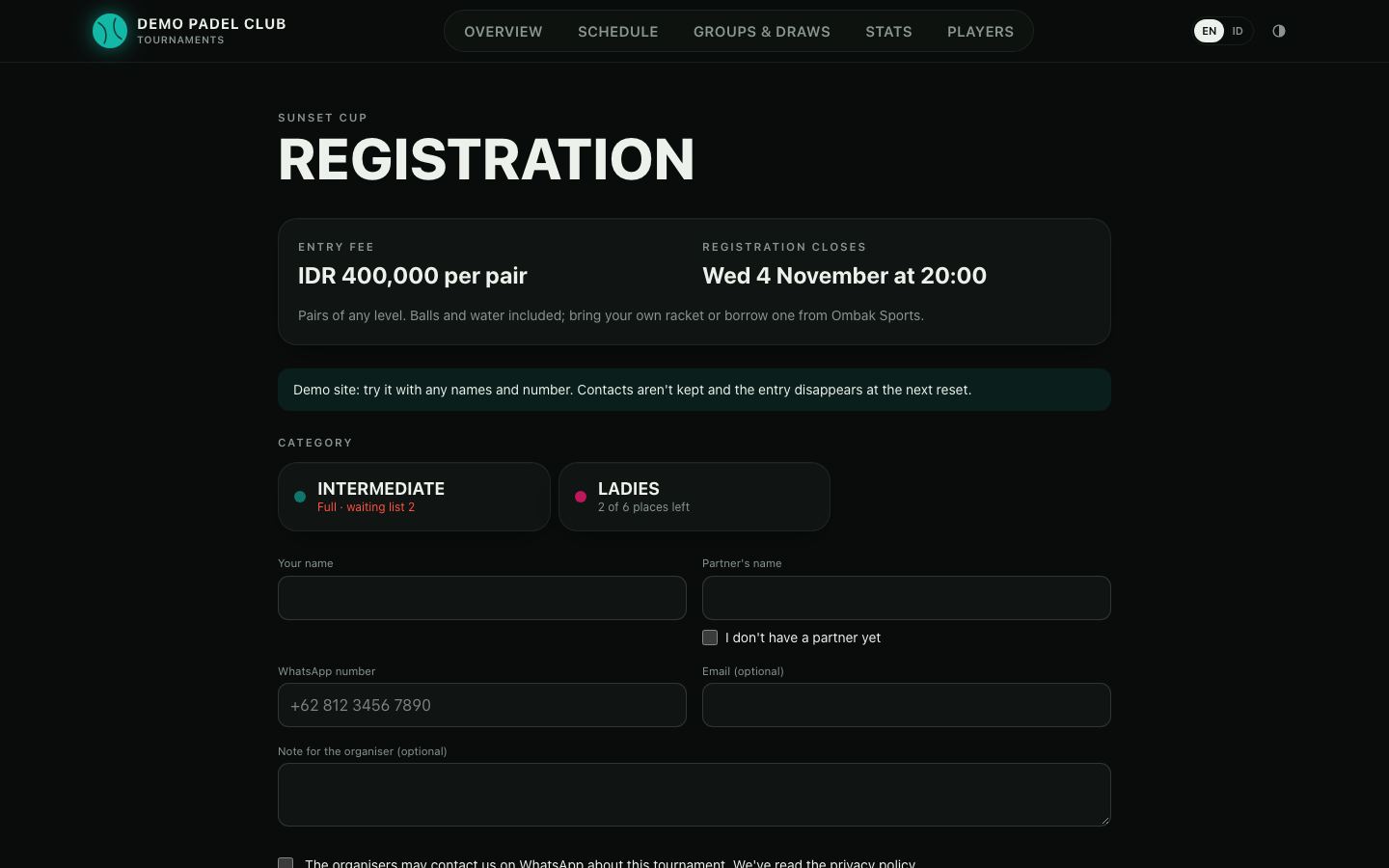 Registration page on a laptop: entry fee, deadline and categories with places left