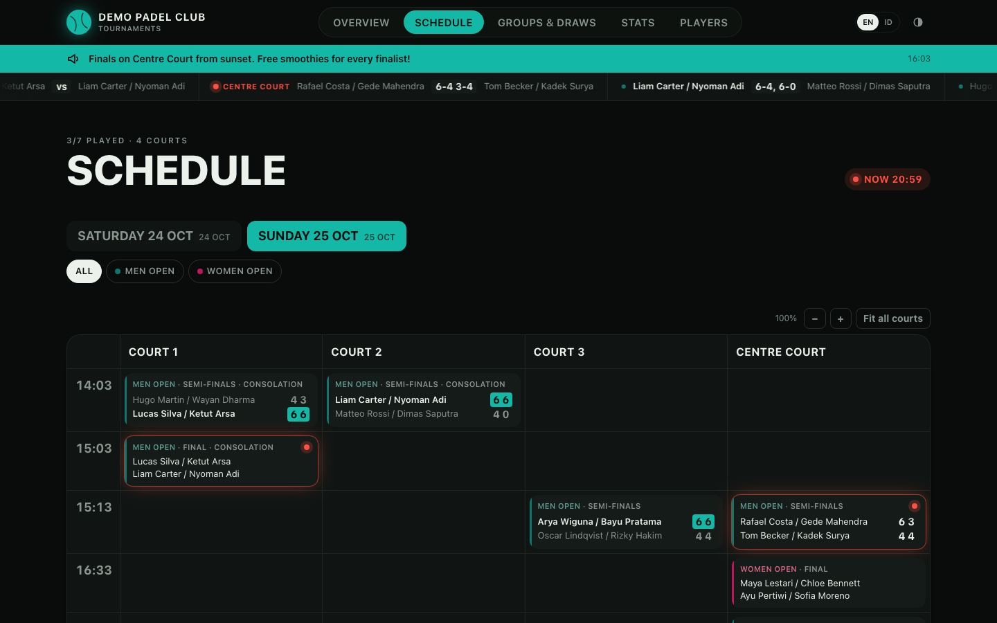 The schedule on a laptop: every court and time slot of the day