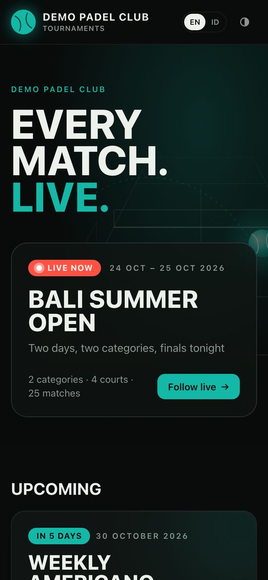 The club's site on a phone: Bali Summer Open, live now