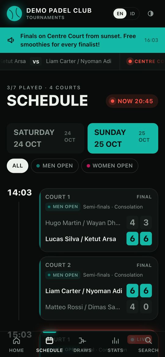 The same schedule on a phone, with what is live now