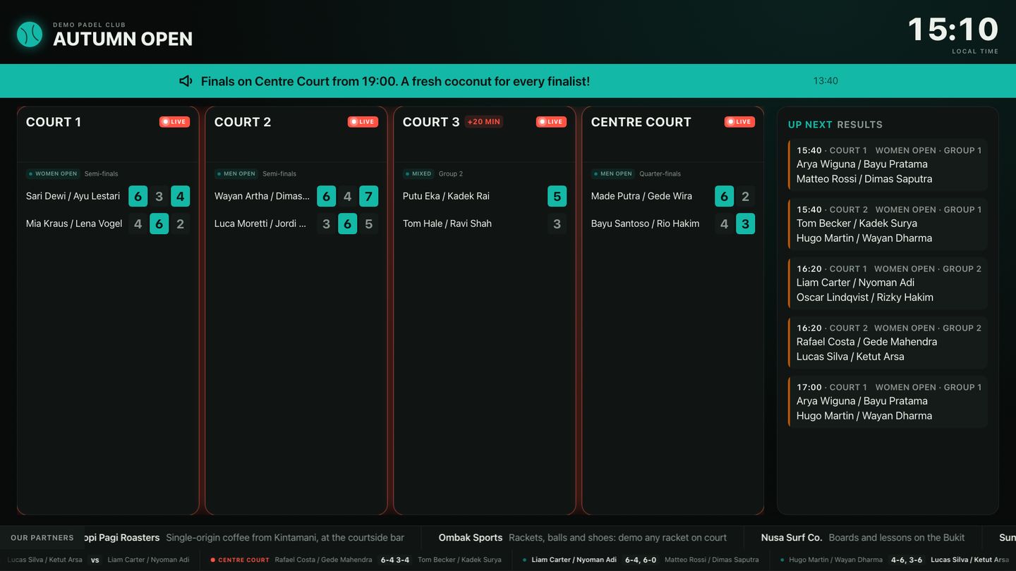 The Seedcourt TV board with four live courts and the matches up next